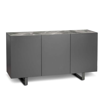 Sideboard in MDF, Top in Gray Marble Effect Ceramic with 3 Push-pull - Click Doors Viadurini