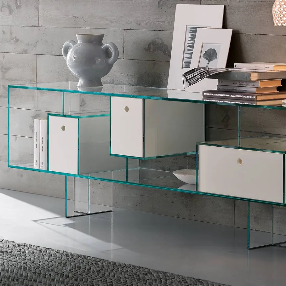 Glass Sideboard with Three Drawers, Elegant Design, Made in Italy - Senera Viadurini