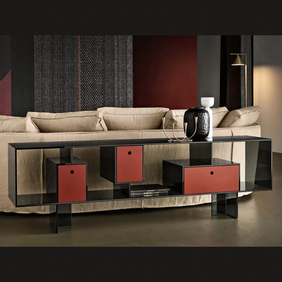 Glass Sideboard with Three Drawers, Elegant Design, Made in Italy - Senera Viadurini