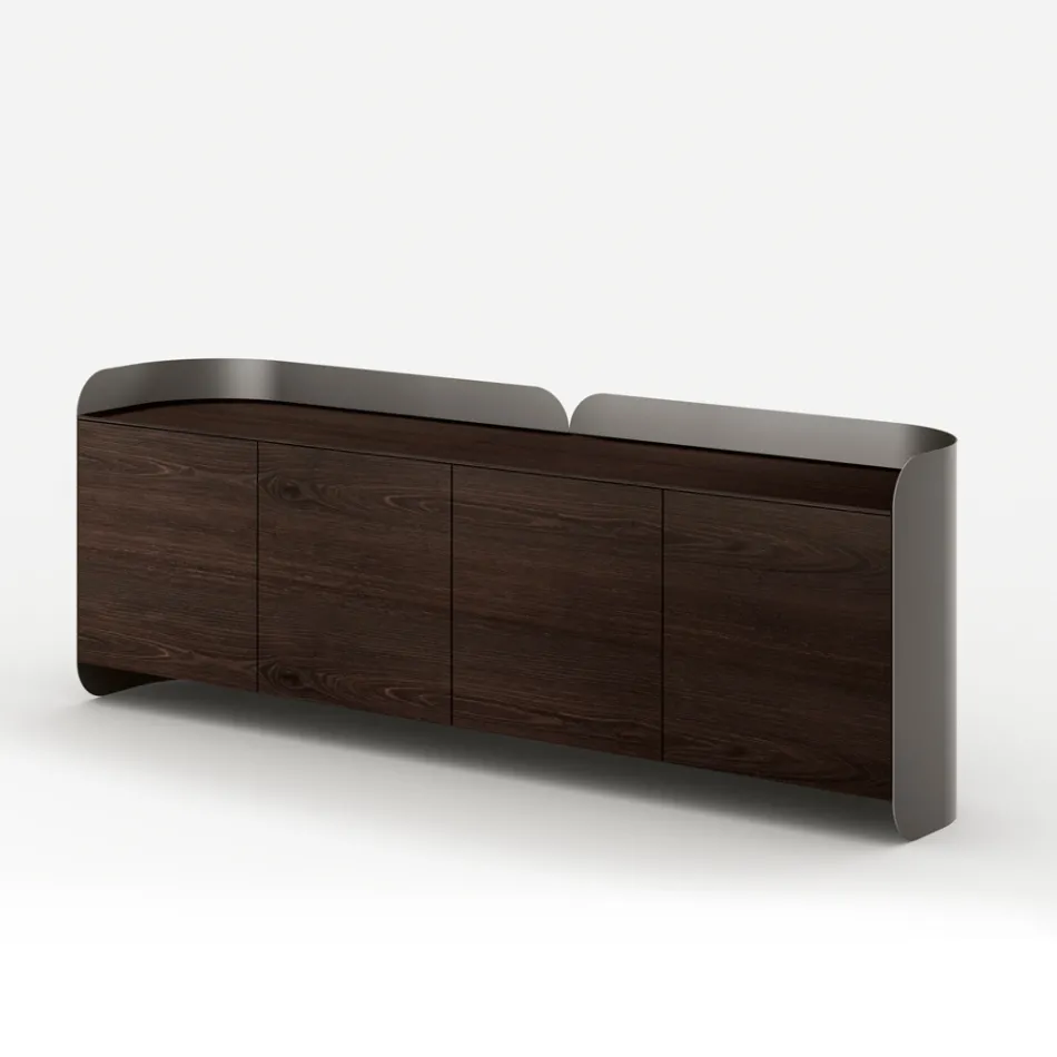 Modern Sideboard in Wood and Curved Metal, Made in Italy - Rugiada Viadurini
