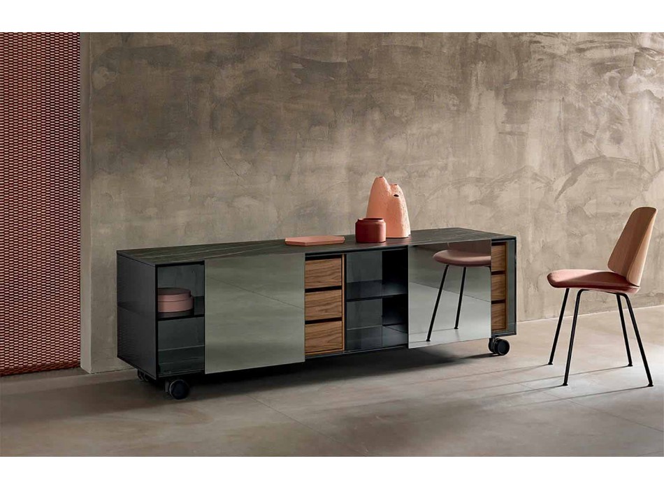 Modern Sideboard on Smoked Glass Wheels and Ceramic Top Made in Italy - Sciocca Viadurini
