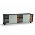 Modern Sideboard on Wheels in Smokey Glass and Ceramic Top Made in Italy - Scocca