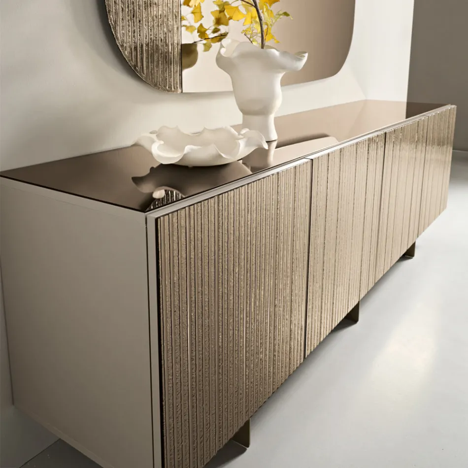 Four-Door Sideboard in Melamine and Coated Striped Glass Made in Italy - Ninfa Viadurini