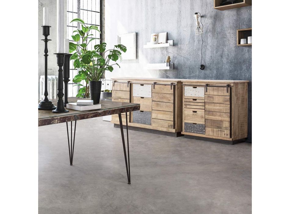 Living Room Sideboard in Mango Wood and Steel with 2 Doors and 3 Drawers - Sinfony Viadurini