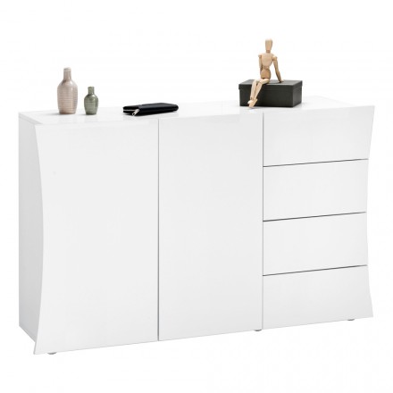 Living Room Sideboard 2 Doors 4 Drawers in Arched Glossy White Wood - Sabine Viadurini