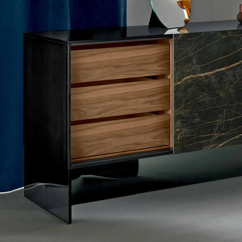 Living Room Sideboard 2 Ceramic Doors and Smoked Glass Structure Made in Italy - Sciocca Viadurini