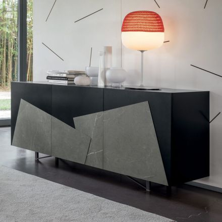 Living Room Sideboard in Lacquered Mdf 3 Doors with Ceramic Inserts - Imperio Viadurini