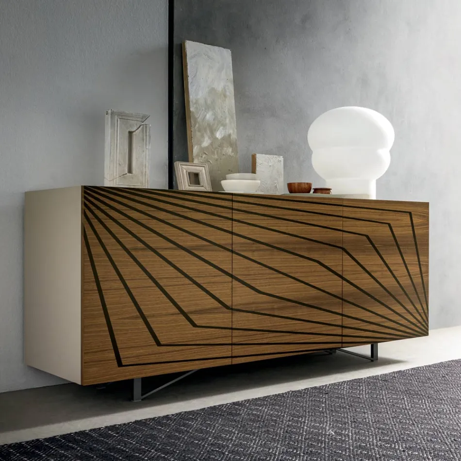 Living room sideboard in lacquered MDF 3 doors with silk-screened inlays - Saronno Viadurini