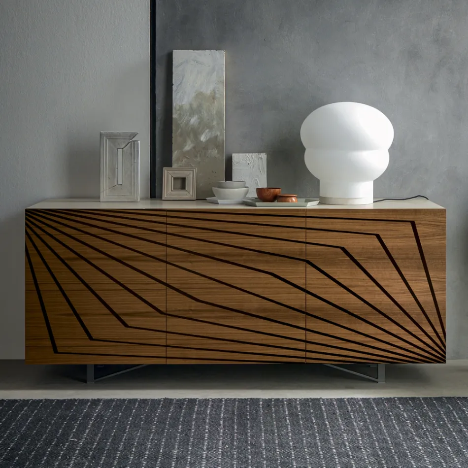 Living room sideboard in lacquered MDF 3 doors with silk-screened inlays - Saronno Viadurini