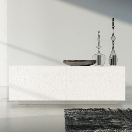 Living room sideboard in White Lacquered Mdf with Bas-relief Made in Italy - Acqua Viadurini