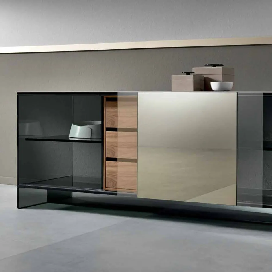 Smoked Glass Living Room Sideboard with Bronze Mirror Door Made in Italy - Silly Viadurini