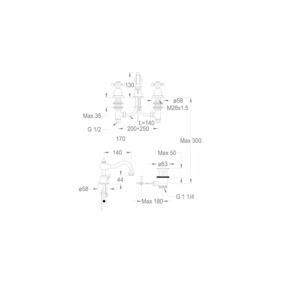 3-Hole Basin Mixer 130 mm High in Brass Made in Italy - Binsu Viadurini