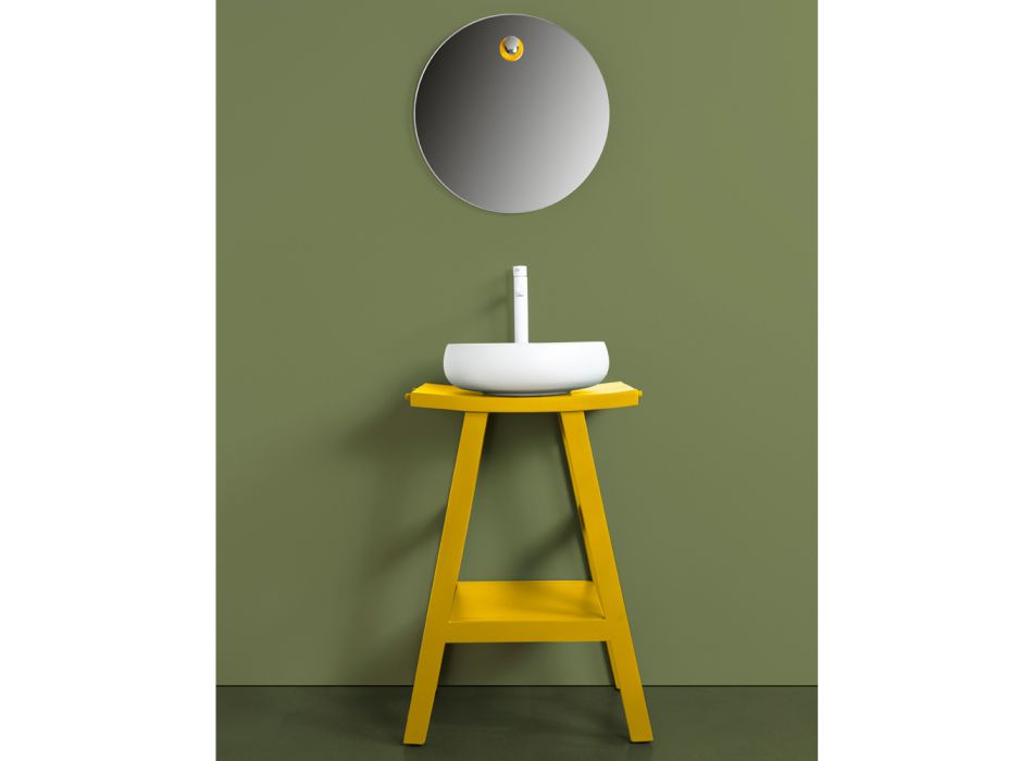 Reclaimed Teak Bathroom Furniture with Yellow Semi-Curved Top - Raomi Viadurini