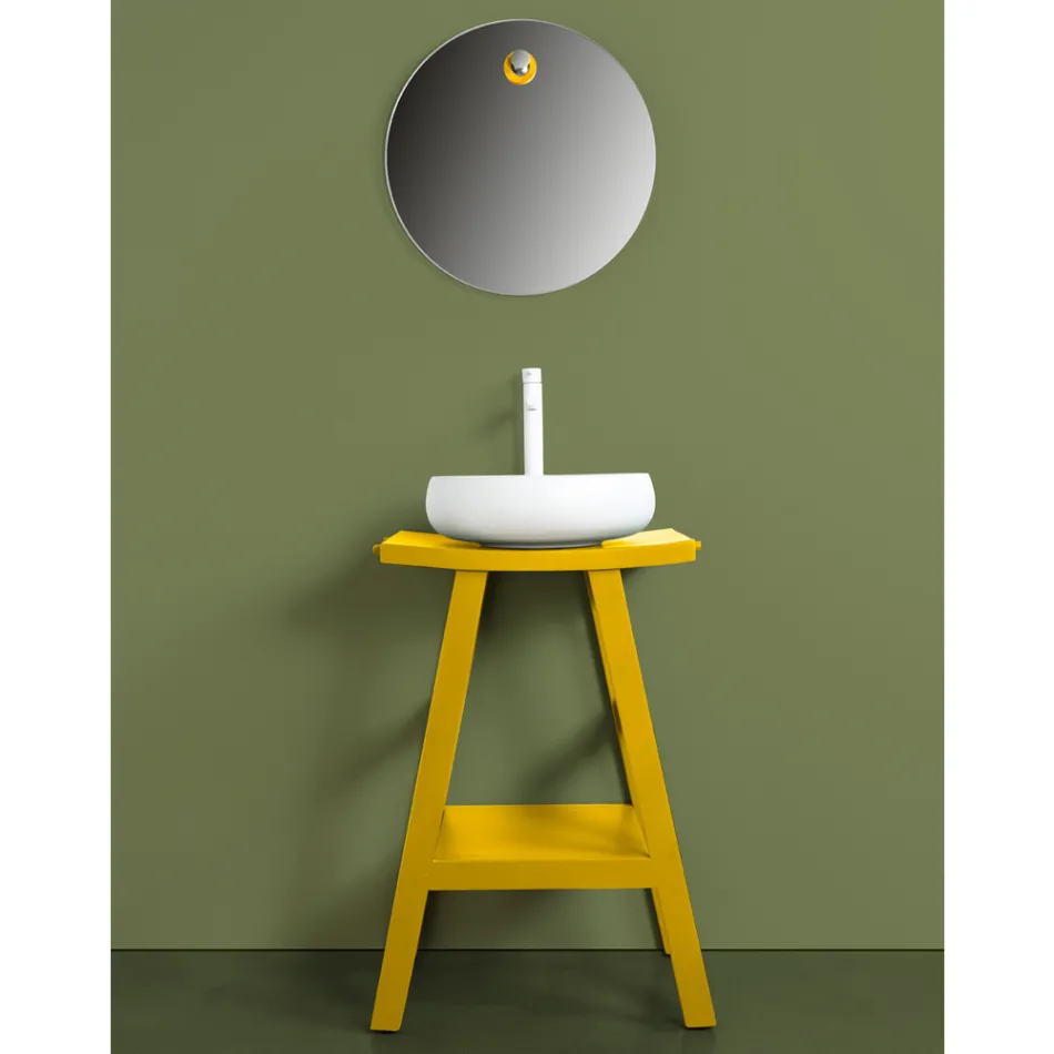 Reclaimed Teak Bathroom Furniture with Yellow Semi-Curved Top - Raomi Viadurini