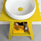 Reclaimed Teak Bathroom Furniture with Yellow Semi-Curved Top - Raomi Viadurini
