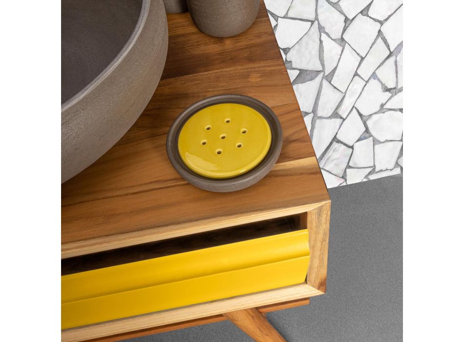 Bathroom Furniture in Natural Teak with Yellow Drawer - Gatien Viadurini