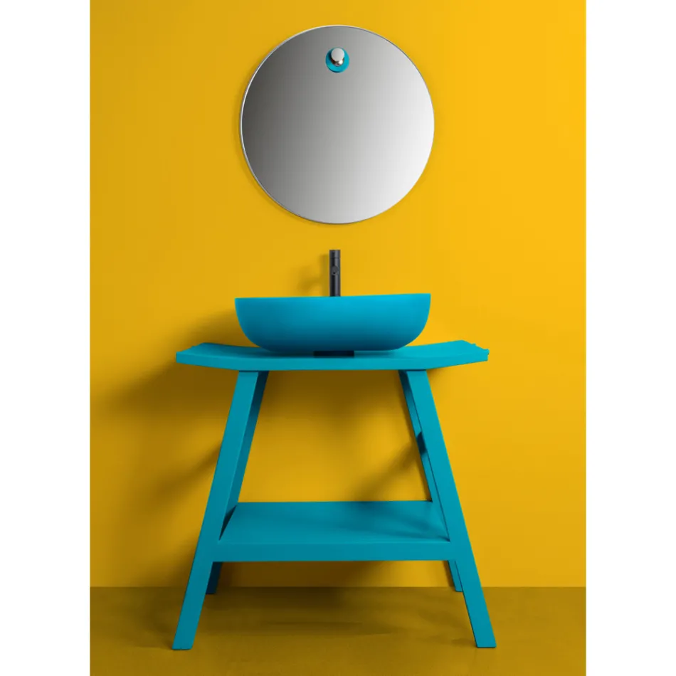 Blue Teak Floor-standing Bathroom Cabinet and Convenient Shelf with Semi-Curved Top - Crina Viadurini