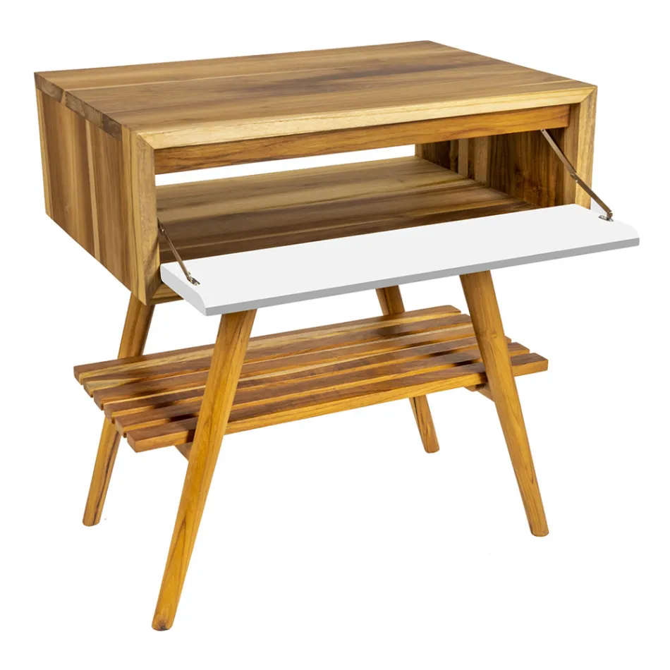 Floor Bathroom Cabinet in Reclaimed Teak and White Support Top - Gatien Viadurini