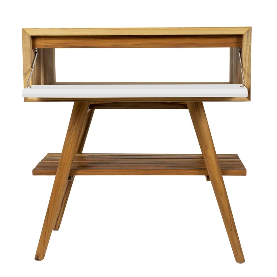 Floor Bathroom Cabinet in Reclaimed Teak and White Support Top - Gatien Viadurini