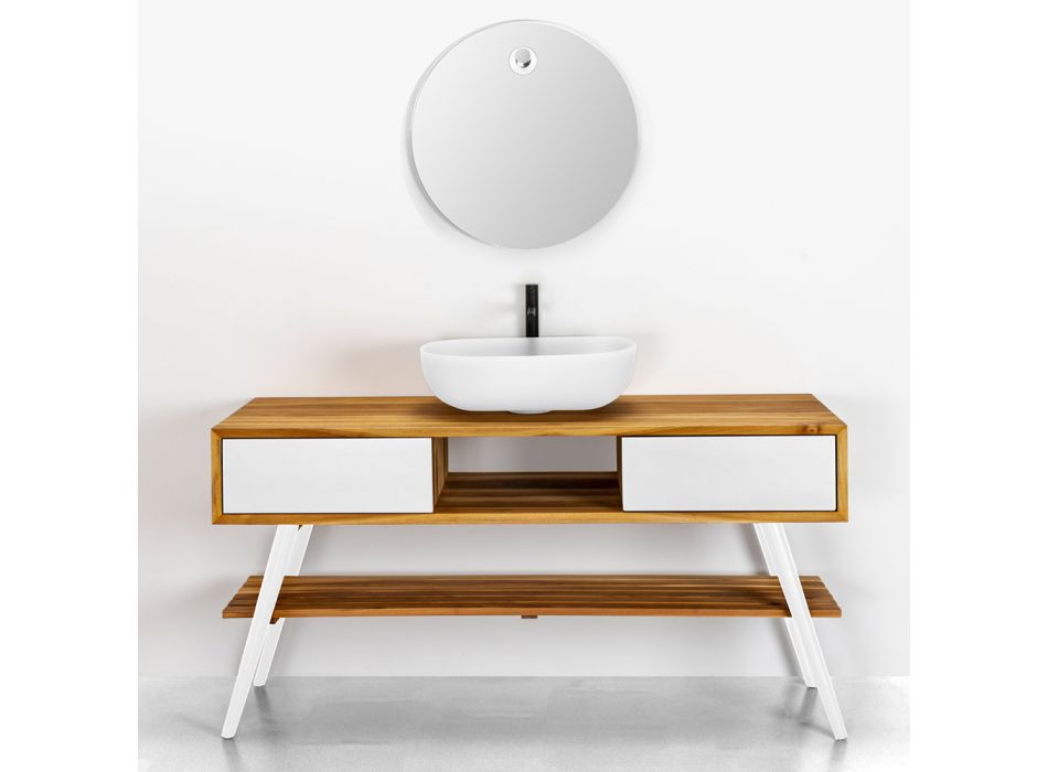 White Bathroom Cabinet in Natural Teak Modern Design with White Drawers - Hamadou Viadurini