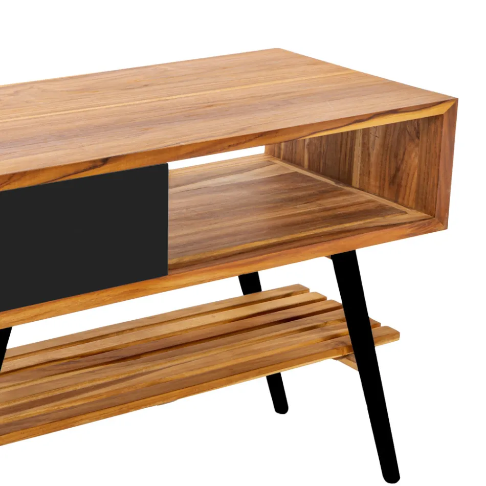 Modern Black Bathroom Cabinet in Natural Teak with Drawers - Benoit Viadurini