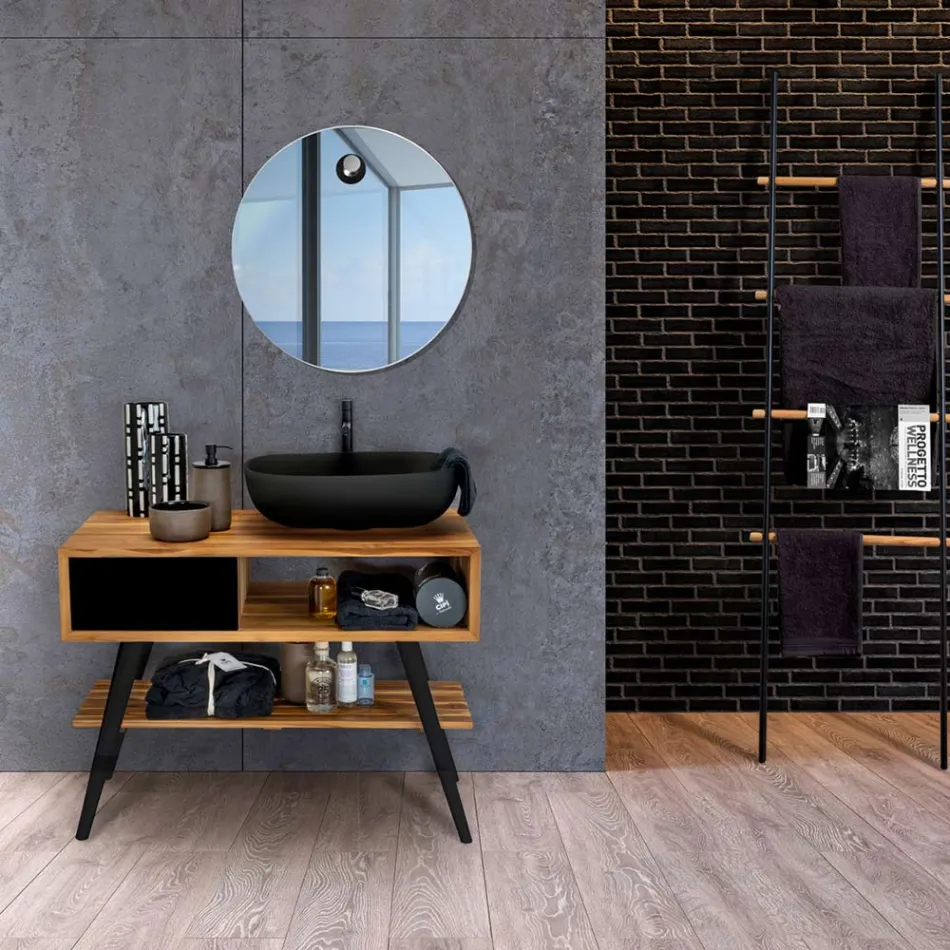 Modern Black Bathroom Cabinet in Natural Teak with Drawers - Benoit Viadurini