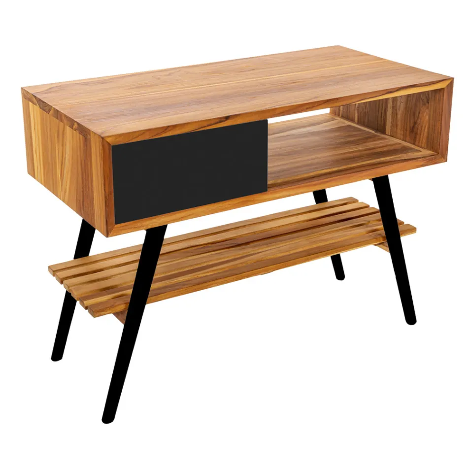 Modern Black Bathroom Cabinet in Natural Teak with Drawers - Benoit Viadurini