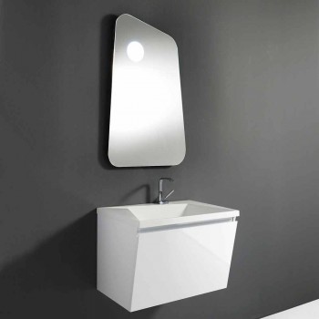 Bathroom cabinet with sink and mirror, modern design in white wood and resin - Fausta