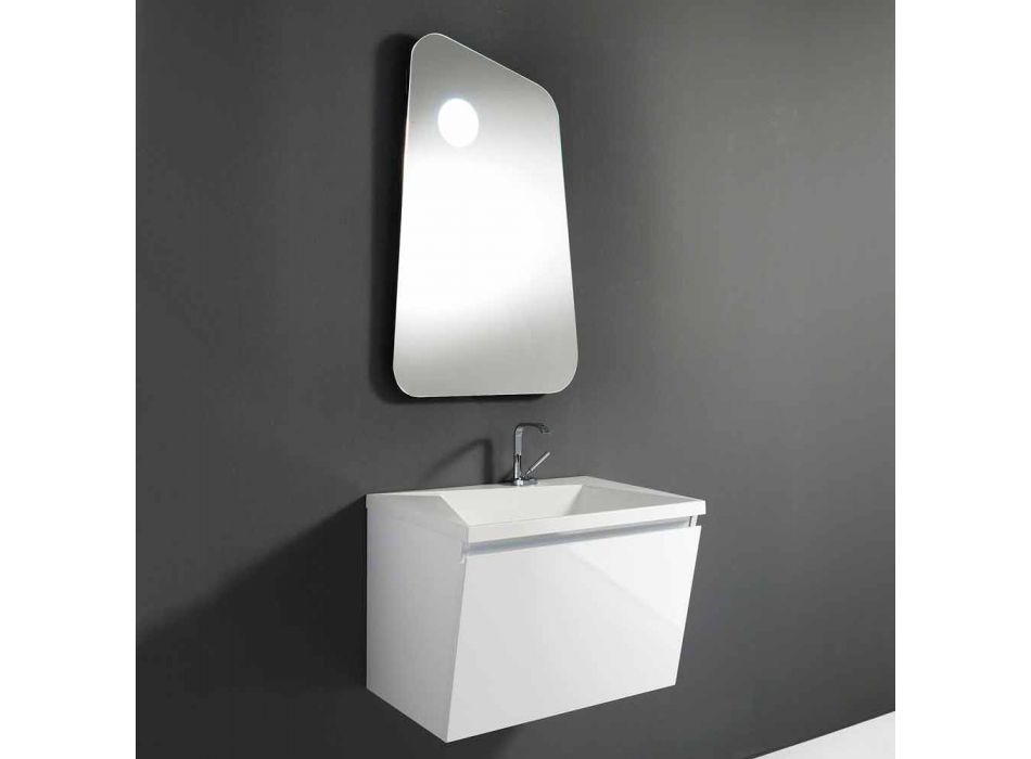 Bathroom cabinet with sink and mirror, modern design in white wood and resin - Fausta