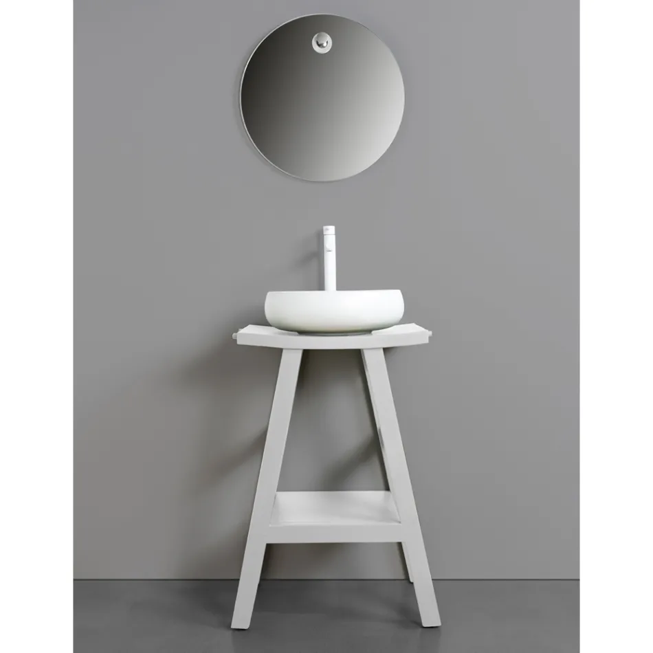 Design Bathroom Cabinet in Natural Teak with Matt White Top and Support - Raomi Viadurini