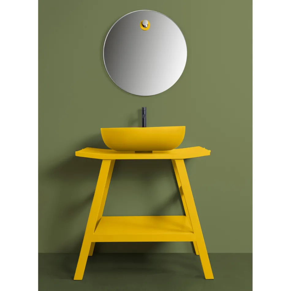 Yellow Teak Bathroom Cabinet with Semi-Curved Top and Convenient Shelf - Crina Viadurini