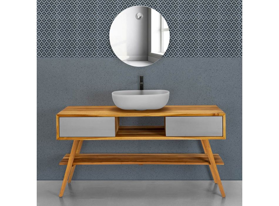Bathroom Cabinet in Natural Teak with Matt Gray Drawer - Hamadou Viadurini