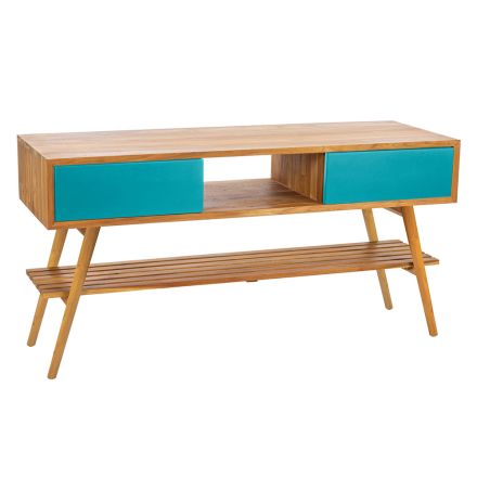 Modern Bathroom Cabinet in Natural Teak with Blue Color Drawer - Hamadou Viadurini