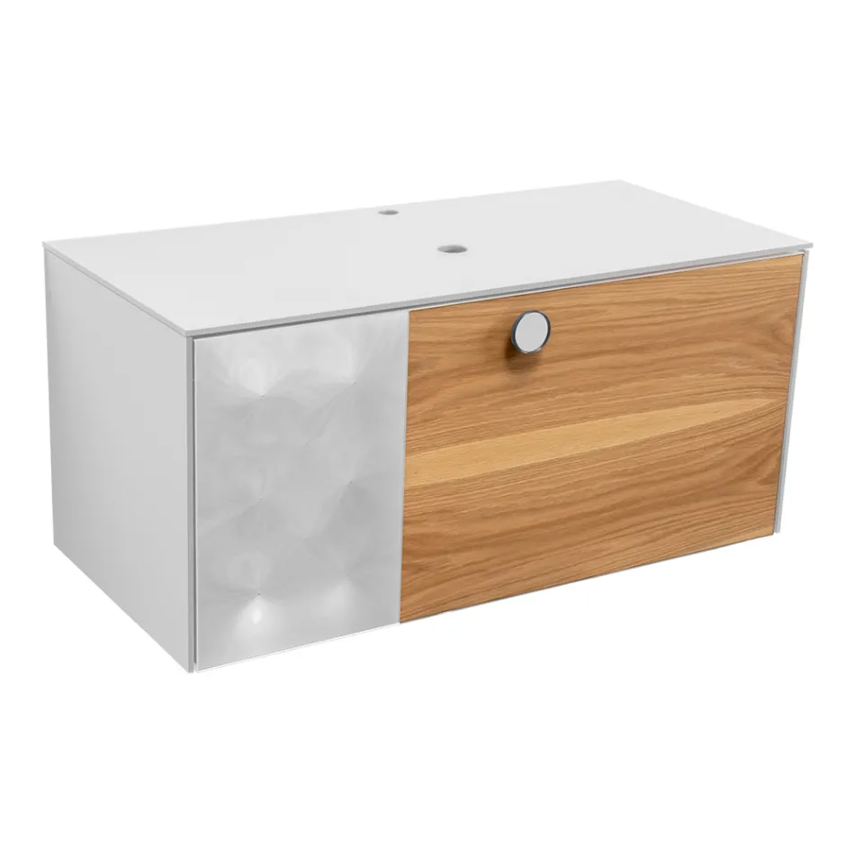 100 cm Wall-Hung Bathroom Cabinet in 8 mm Tempered Glass and European Oak - Excelsior Viadurini