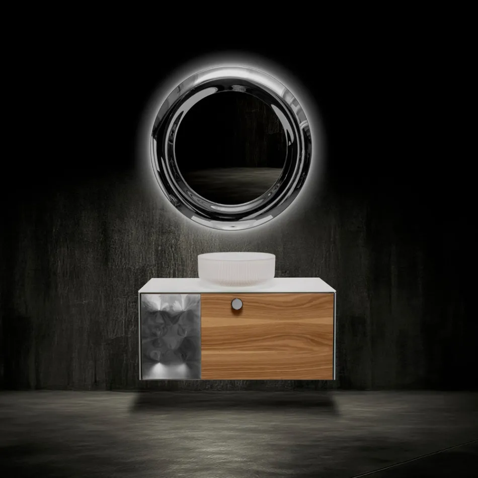 100 cm Wall-Hung Bathroom Cabinet in 8 mm Tempered Glass and European Oak - Excelsior Viadurini