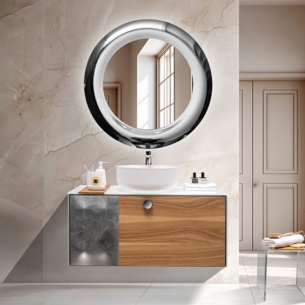 100 cm Wall-Hung Bathroom Cabinet in 8 mm Tempered Glass and European Oak - Excelsior Viadurini
