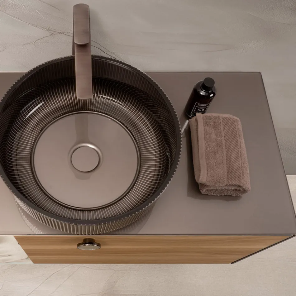 100 cm Wall-Hung Bathroom Cabinet in 8 mm Tempered Glass and European Oak - Excelsior Viadurini