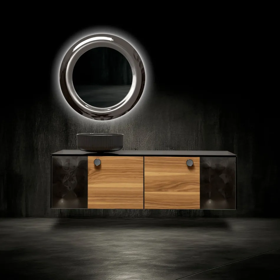 160 cm Wall-Hung Bathroom Cabinet in 8 mm Tempered Glass and European Oak - Excelsior Viadurini