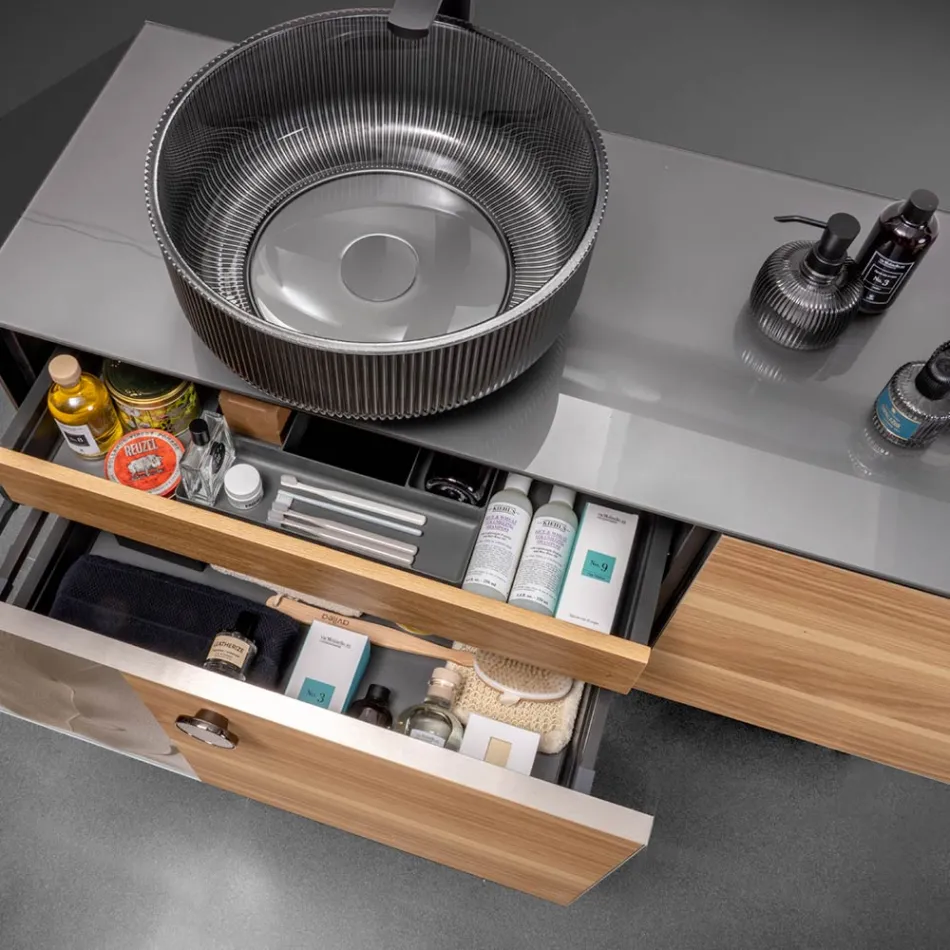 160 cm Wall-Hung Bathroom Cabinet in 8 mm Tempered Glass and European Oak - Excelsior Viadurini