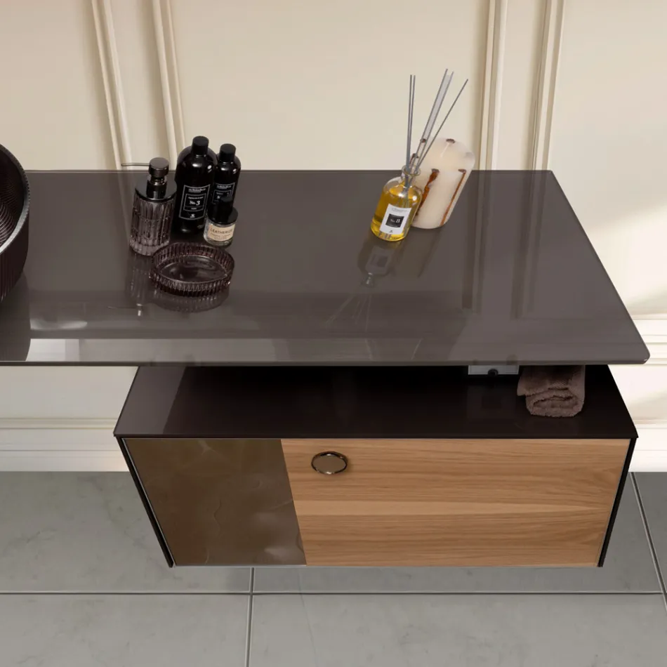 80 cm Wall-Hung Bathroom Cabinet in 8 mm Tempered Glass and European Oak - Excelsior Viadurini