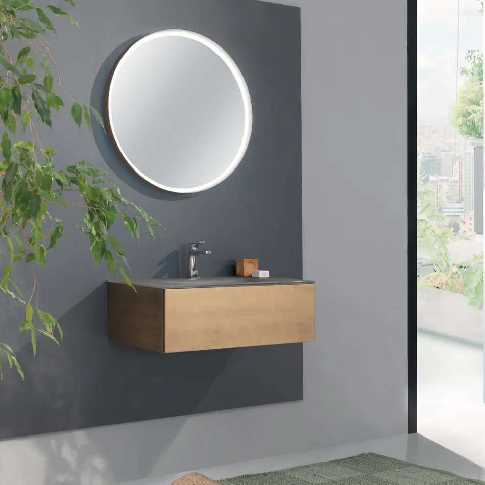 Suspended Bathroom Cabinet with Mirror in Metal, Wood and Luxury Crystal - Renga Viadurini