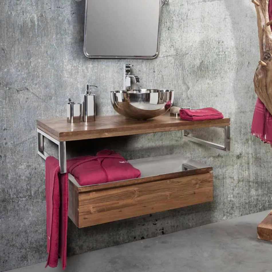 Suspended Teak Bathroom Cabinet with Stainless Steel Towel Holder - Saverno Viadurini