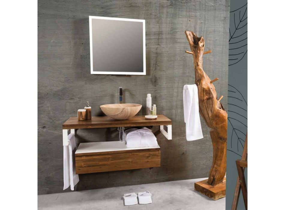 Suspended Bathroom Cabinet in Teak with Towel Holder in Hi Macs® White - Saverno Viadurini