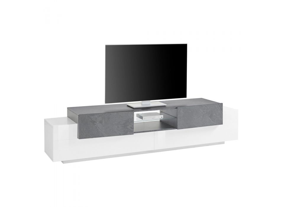 Low Wooden TV Stand Living Room 4 Doors and Open Compartment - Theresse Viadurini