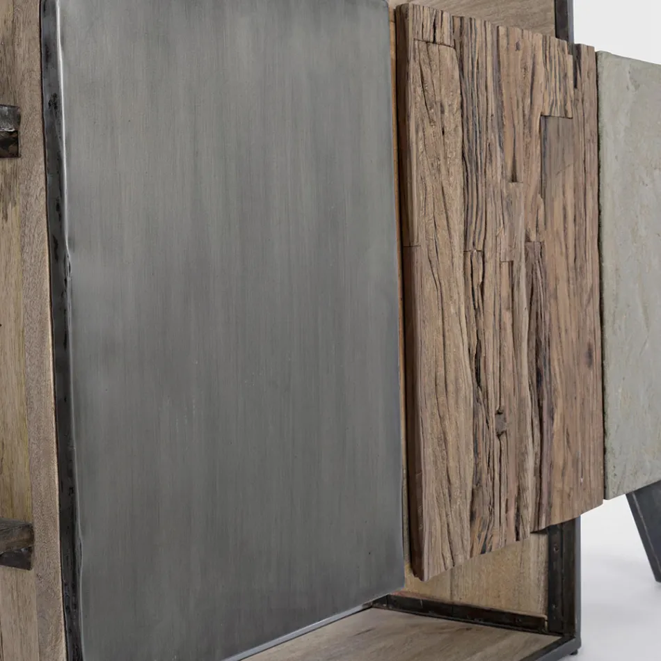 Mobile Sideboard 3 Doors in Mango Wood and Steel Homemotion - Signorino Viadurini