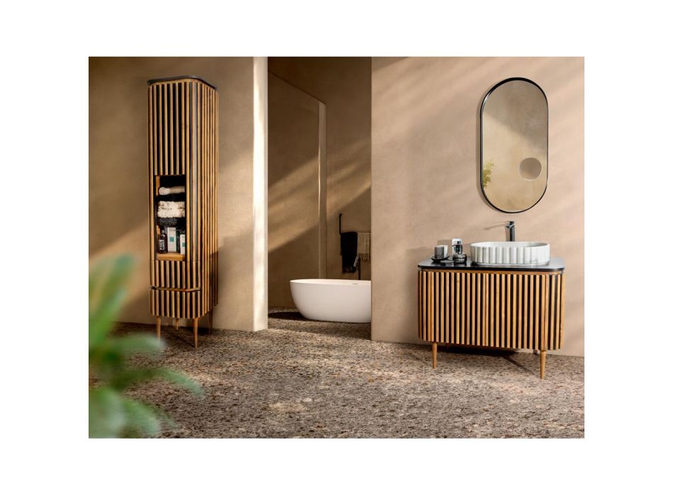 Column Bathroom Cabinet Made of Solid Teak and Mahogany - Plumeria Viadurini
