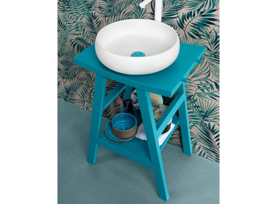 Teak Bathroom Cabinet with Semi-Curved Top and Comfortable Blue Shelf - Raomi Viadurini