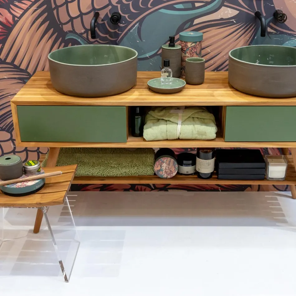 Natural Teak Bathroom Cabinet with Green Color Chest of Drawers - Hamadou Viadurini