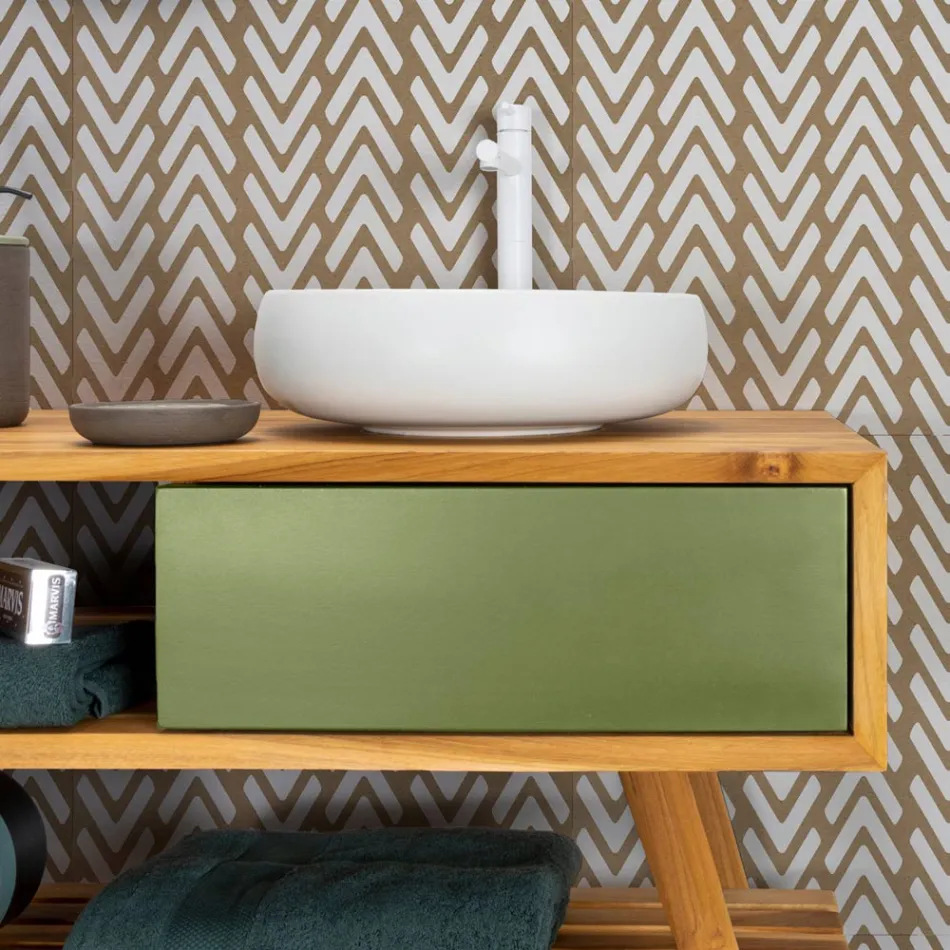 Natural Teak Bathroom Cabinet with Green Color Chest of Drawers - Hamadou Viadurini