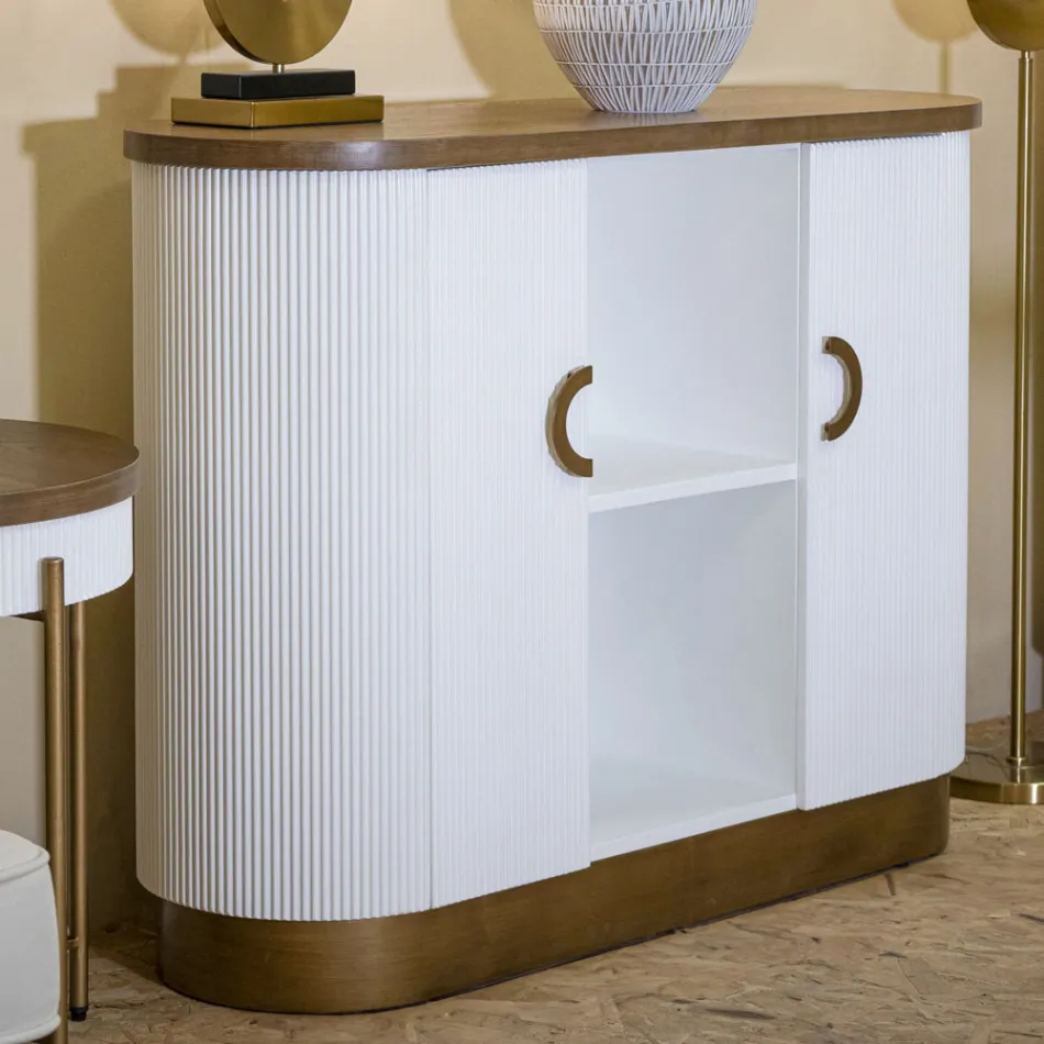 Wooden Cabinet with Top and Rounded Inserts with 2 Doors and 2 Shelves - Rachel Viadurini